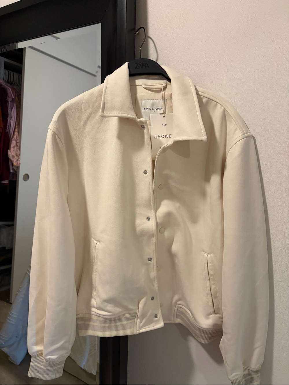Denim & Flower Cream Button-Front Bomber Jacket